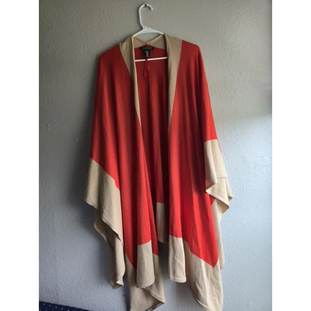 Ralph Lauren Tan and Orange Colorblock Knit Wool Blend Shawl - One Size